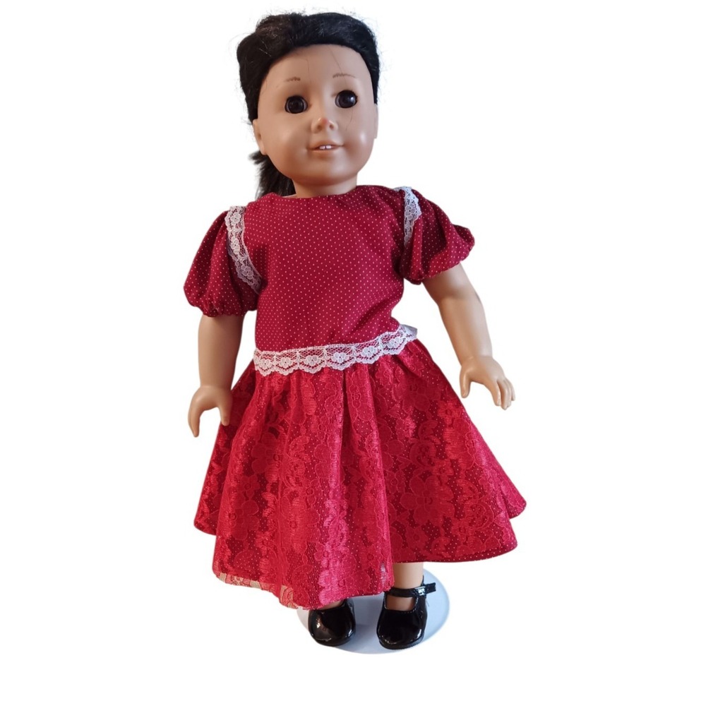 Handmade Cotton Lace 18" doll dotted Red Burgundy dress Fit American Girl doll